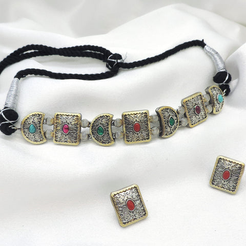 Oxidized dual-tone multicolor stone choker set with matching earrings by Joyrias