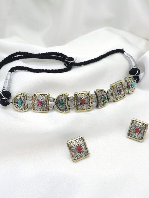 Oxidized dual-tone multicolor stone choker set with matching earrings by Joyrias