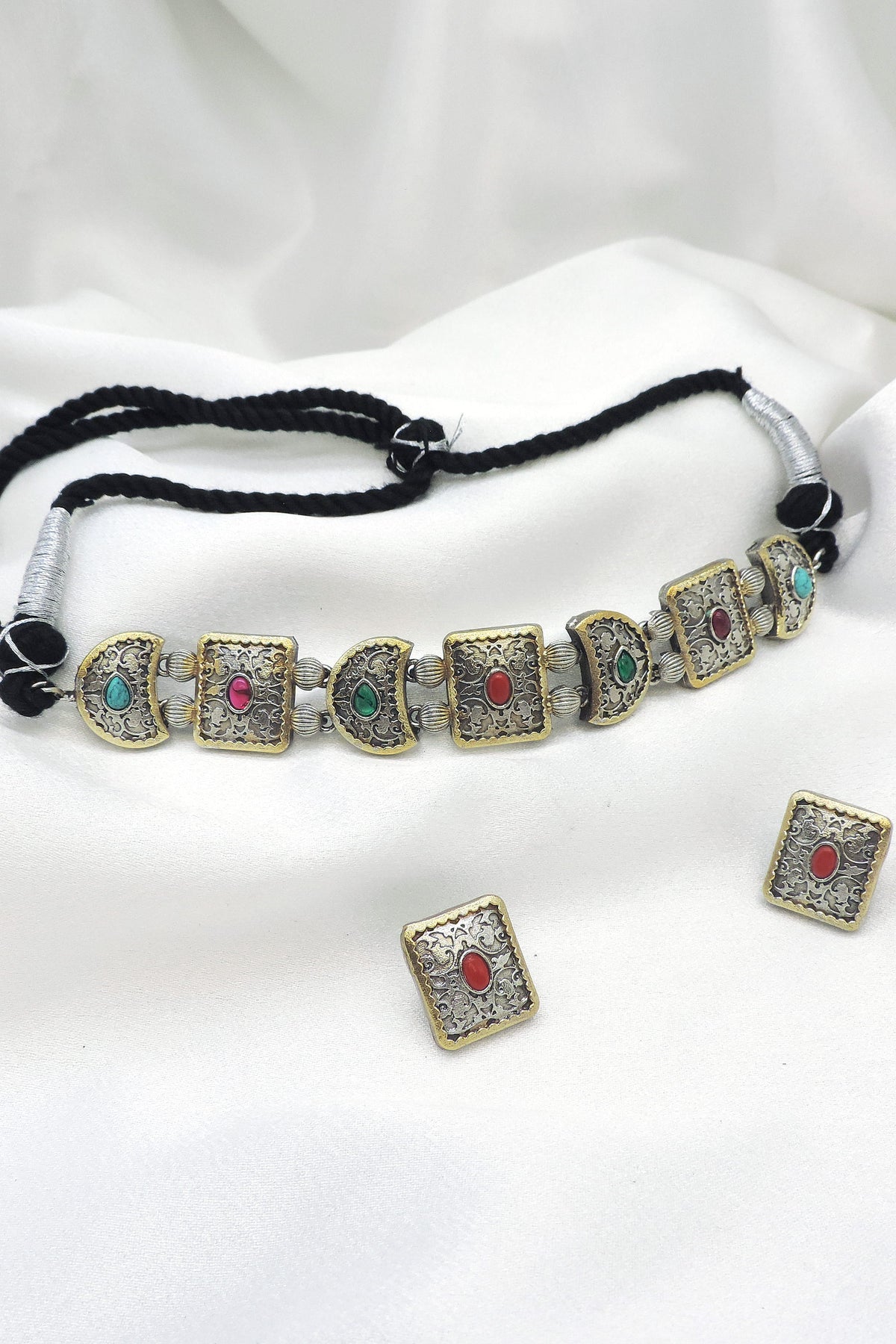Oxidized dual-tone multicolor stone choker set with matching earrings by Joyrias