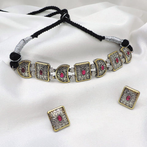 Oxidized Dual-Tone Multicolor Stone Choker Set