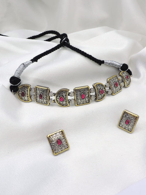 Oxidized Dual-Tone Multicolor Stone Choker Set