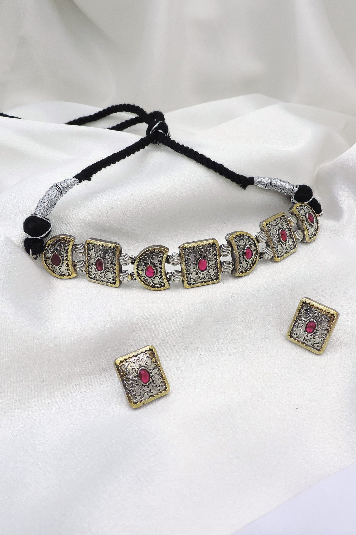 Oxidized Dual-Tone Multicolor Stone Choker Set