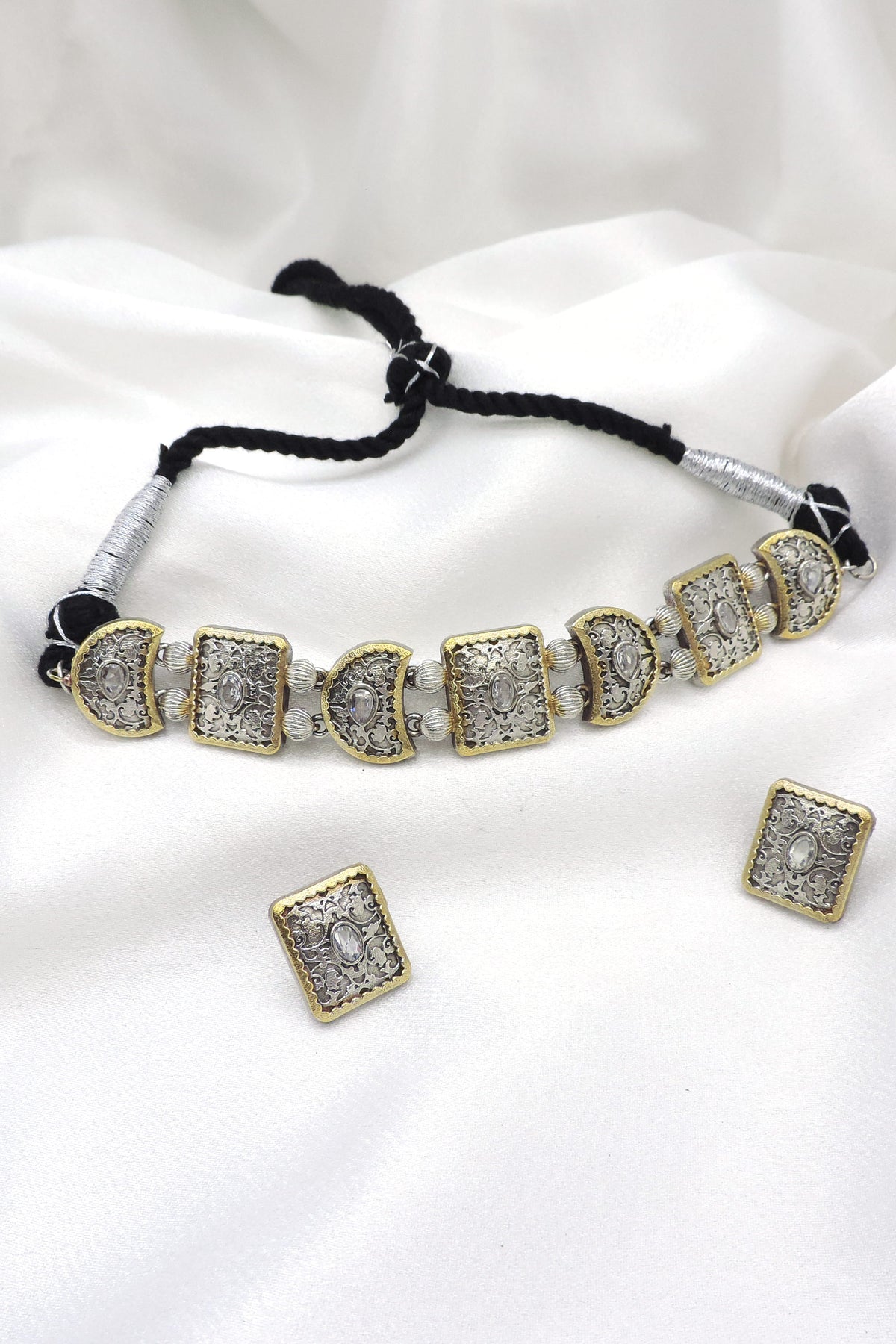 Oxidized Dual-Tone Multicolor Stone Choker Set