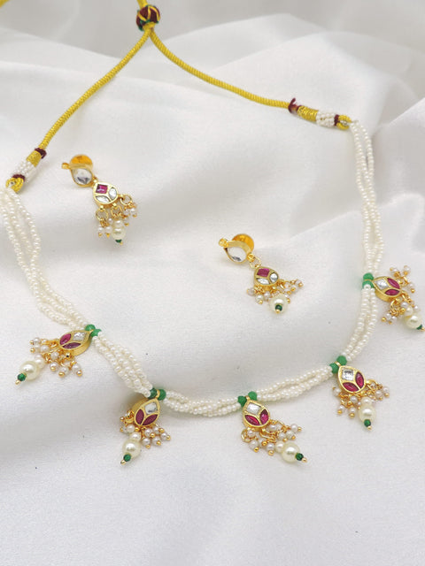 Gold-Toned Multicolor Pearl Kundan Necklace Set