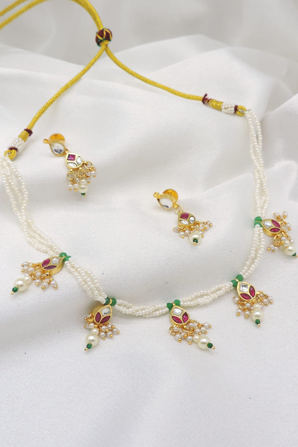 Gold-Toned Multicolor Pearl Kundan Necklace Set