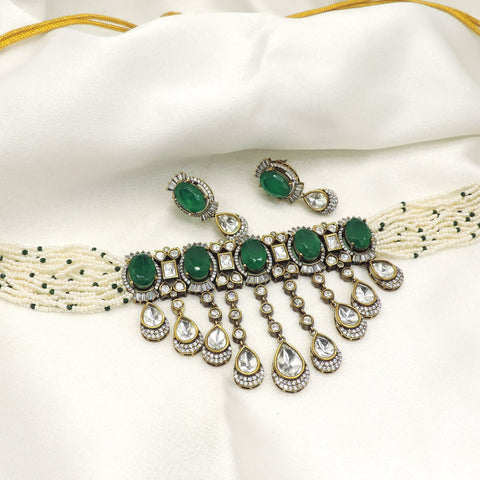 Emerald Polki Pearl Choker Necklace Set by Joyrias