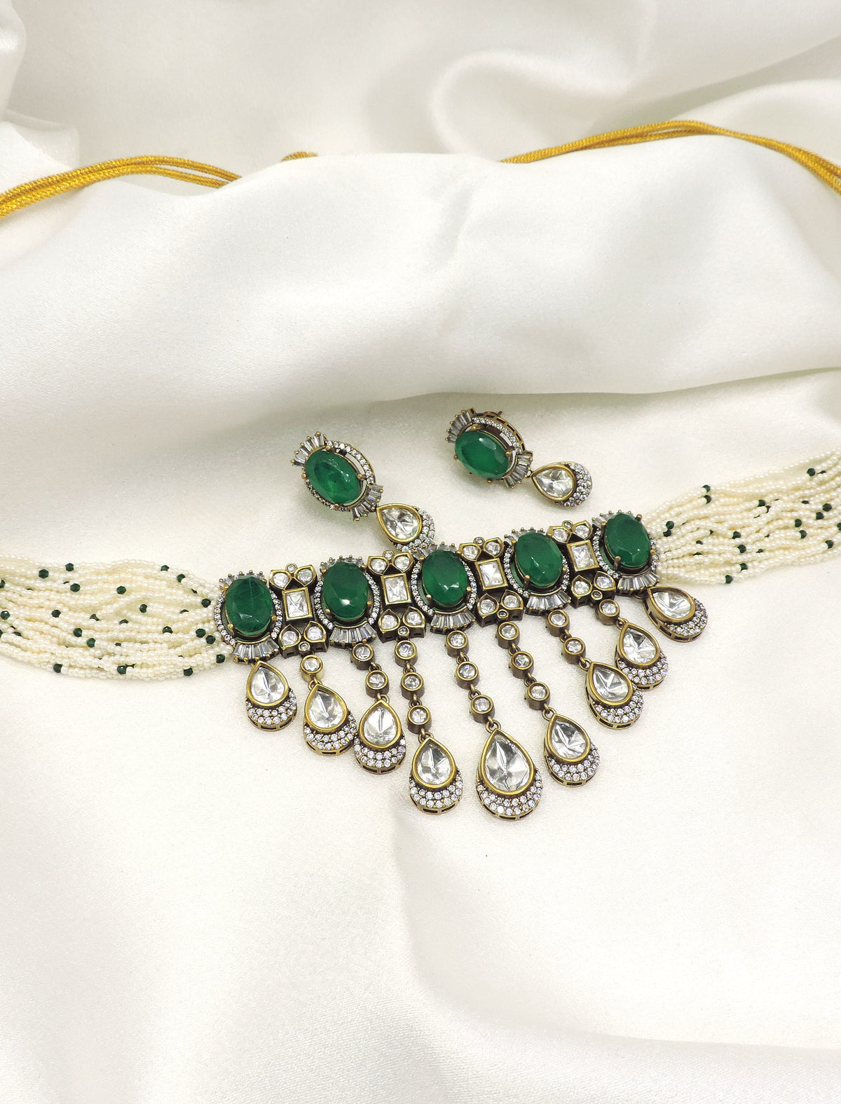 Emerald Polki Pearl Choker Necklace Set by Joyrias
