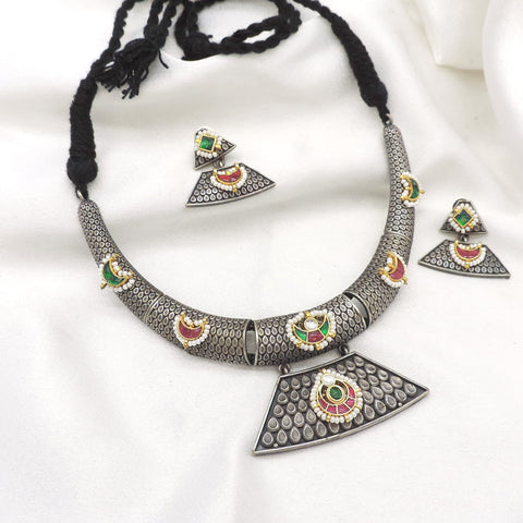 Oxidized dual-tone multicolor geometric Hasli choker set with matching earrings and pendant by joyrias