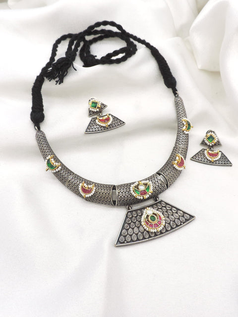 Oxidized dual-tone multicolor geometric Hasli choker set with matching earrings and pendant by joyrias