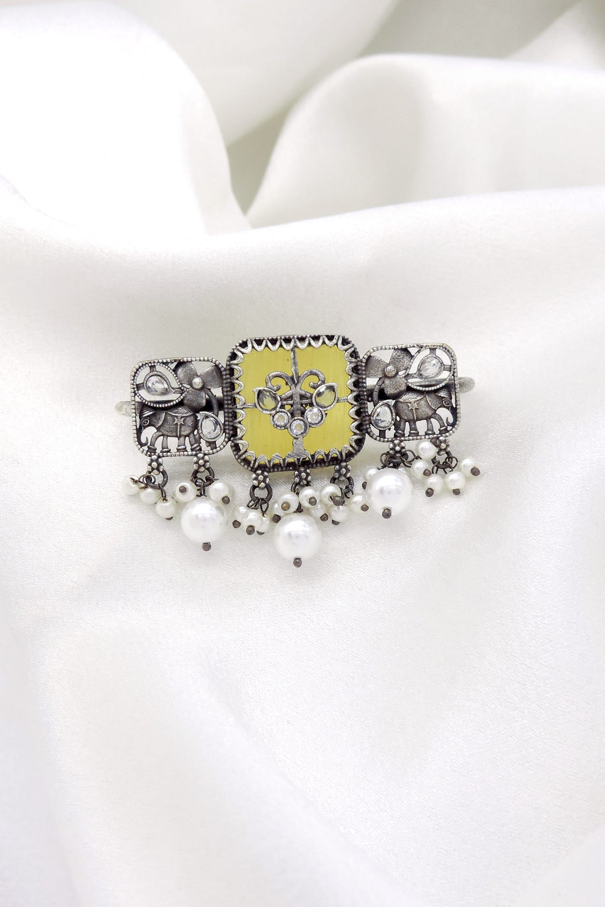 Oxidized Elephant Pearl Kundan Ring