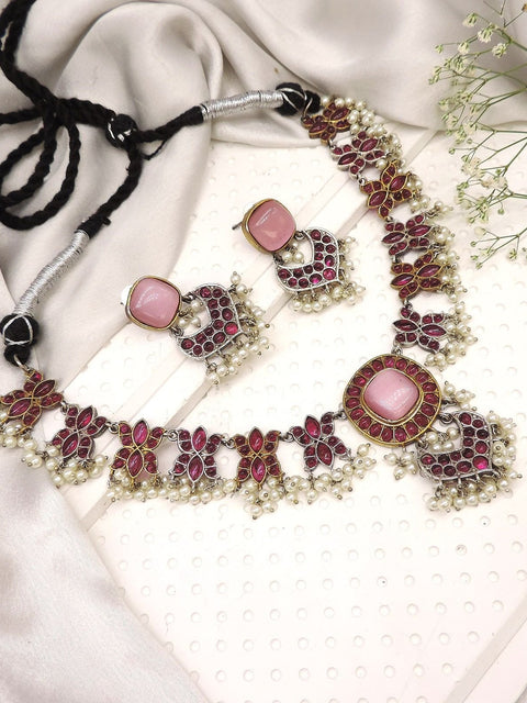 Oxidized red stone and pink Monalisa stone choker necklace set – Indian festive jewelry USA – Joyrias