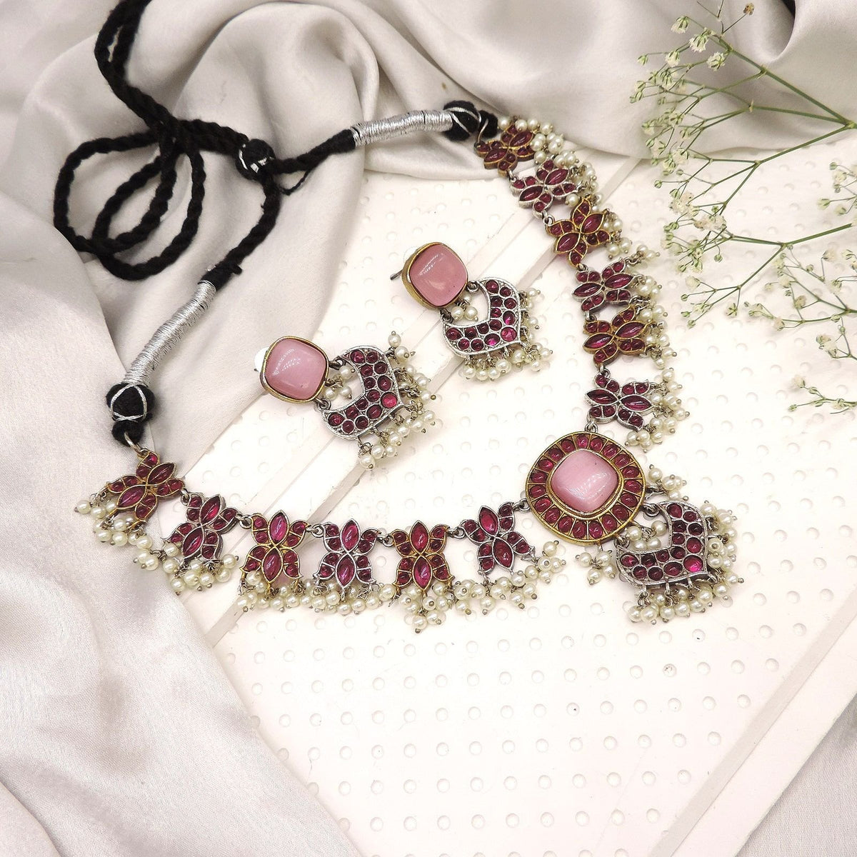 Oxidised Red Stone & Pink Monalisa Stone Necklace Set Image 0