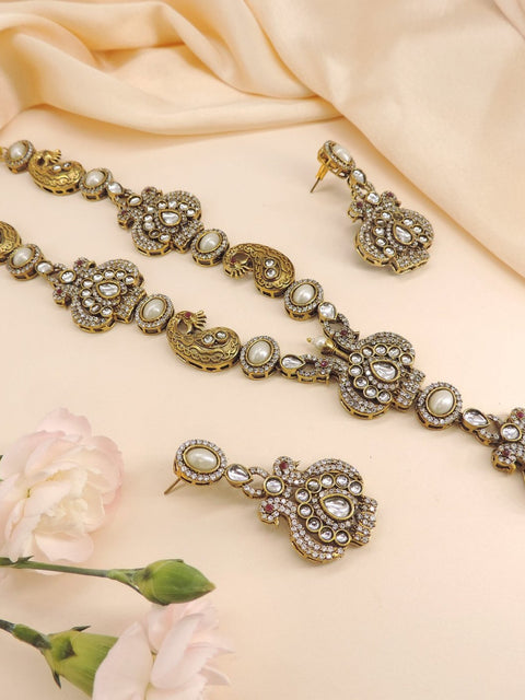 Antique gold plated temple necklace set with Kundan and pearls – South Indian jewelry USA – Joyrias