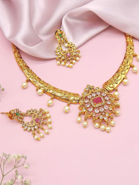 Antique gold plated pearl and ruby stone necklace set – Indian ethnic necklace USA – Joyrias