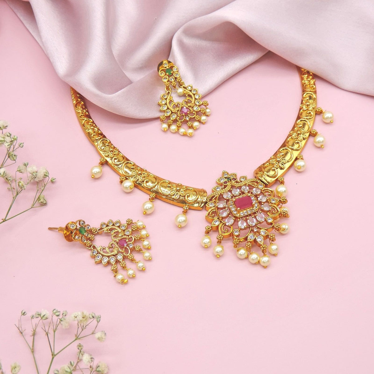 Antique gold plated pearl and ruby stone necklace set – Indian ethnic necklace USA – Joyrias
