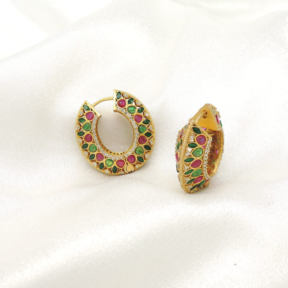Kundan Meenakari Hoop Earrings in Ruby & Emerald Tones
