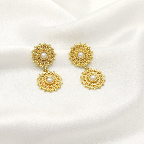 Gold Pearl Double Drop Earrings | Traditional Textured Stud Earrings