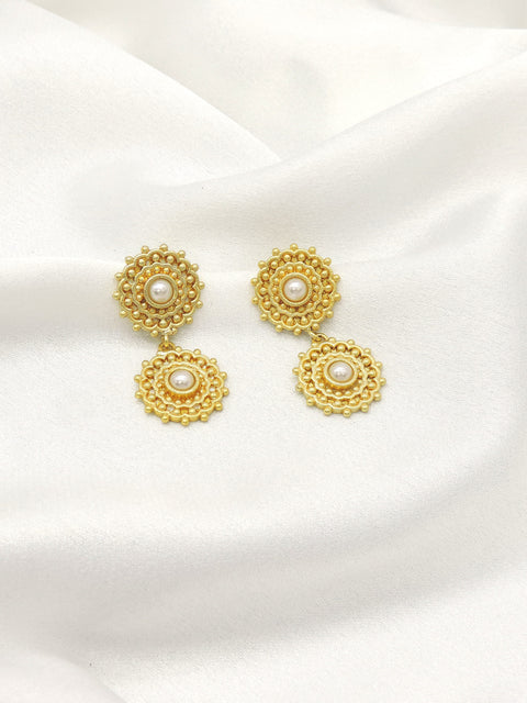 Gold Pearl Double Drop Earrings | Traditional Textured Stud Earrings