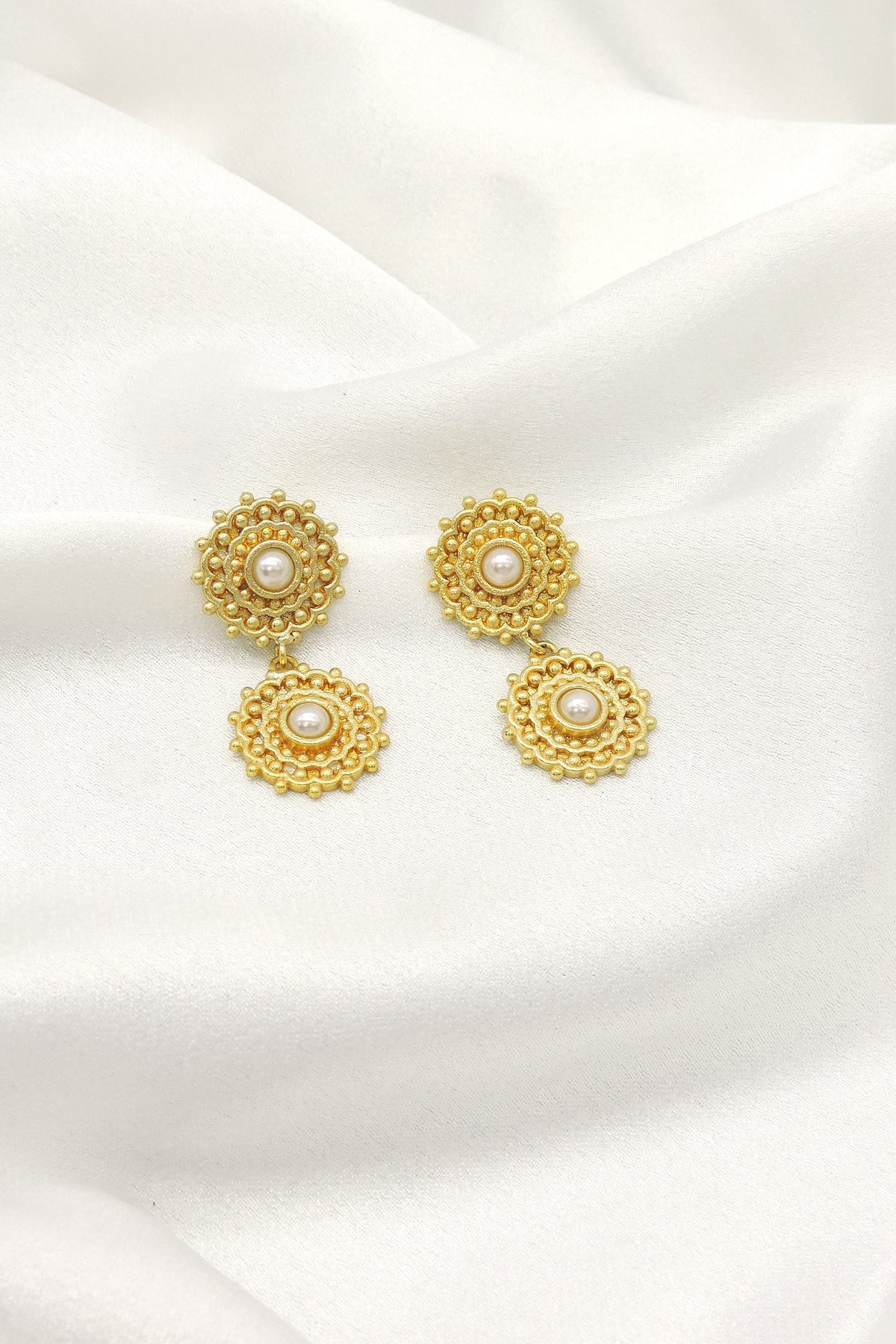 Gold Pearl Double Drop Earrings | Traditional Textured Stud Earrings