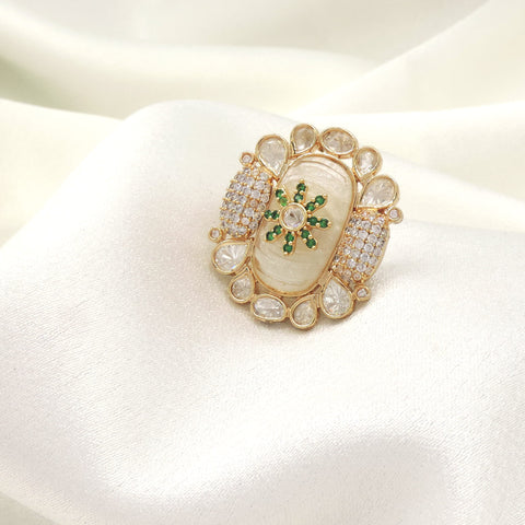 Kundan Statement Ring with Mother of Pearl & Green Stone Detailing