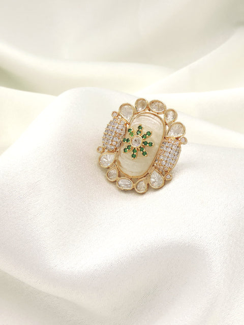 Kundan Statement Ring with Mother of Pearl & Green Stone Detailing