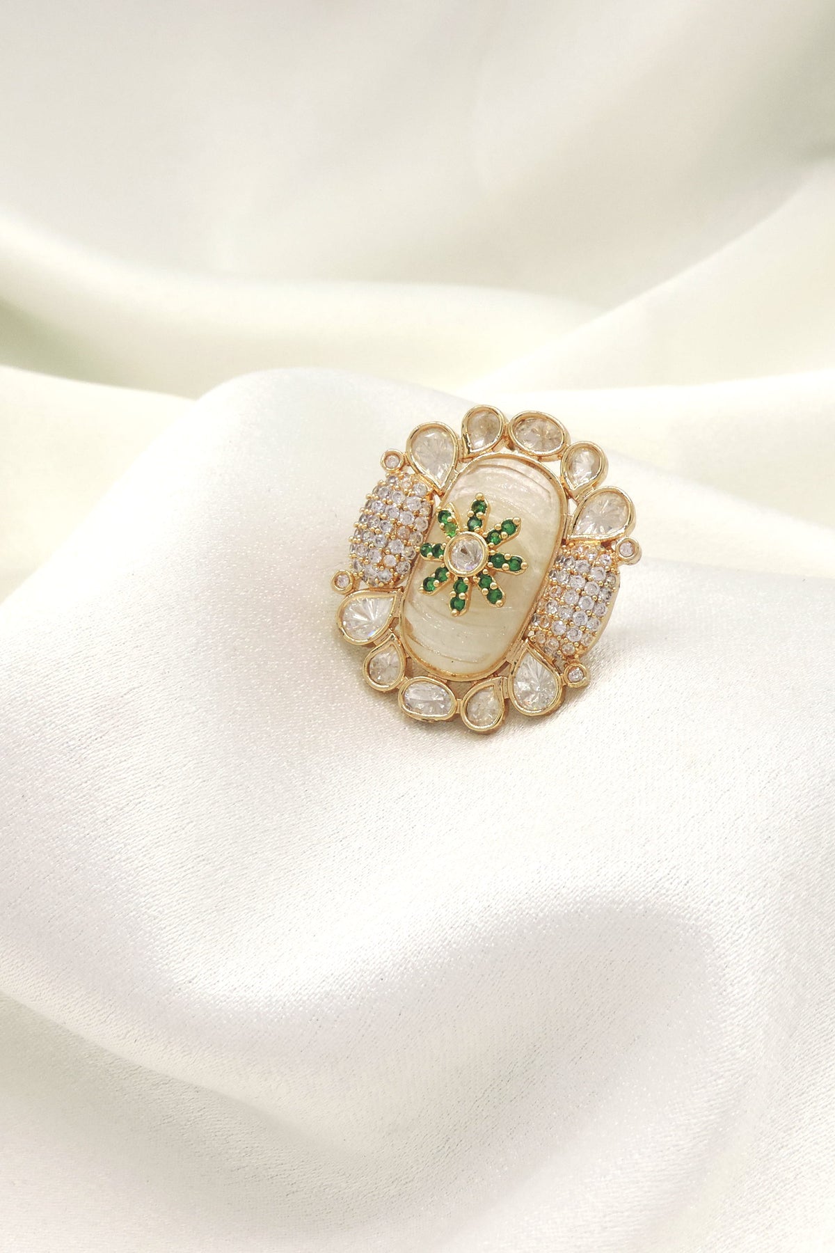 Kundan Statement Ring with Mother of Pearl & Green Stone Detailing