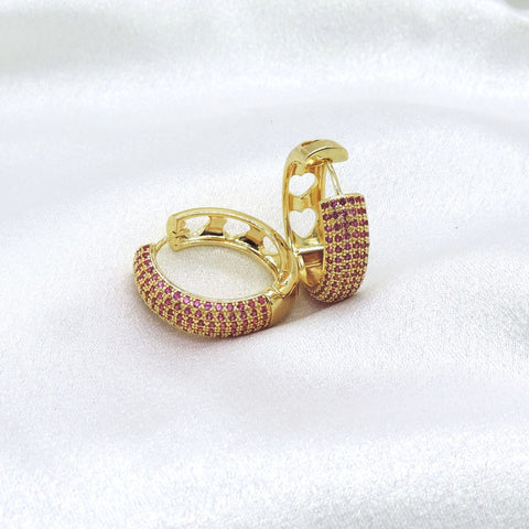 Pink CZ heart hoop earrings in gold tone