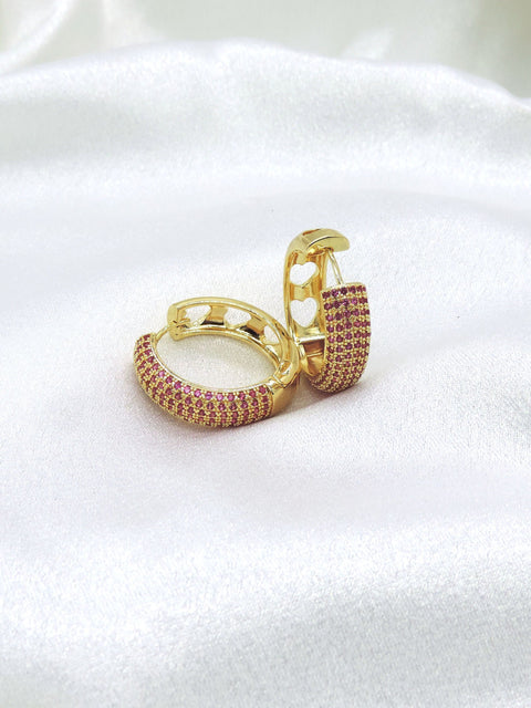 Pink CZ heart hoop earrings in gold tone