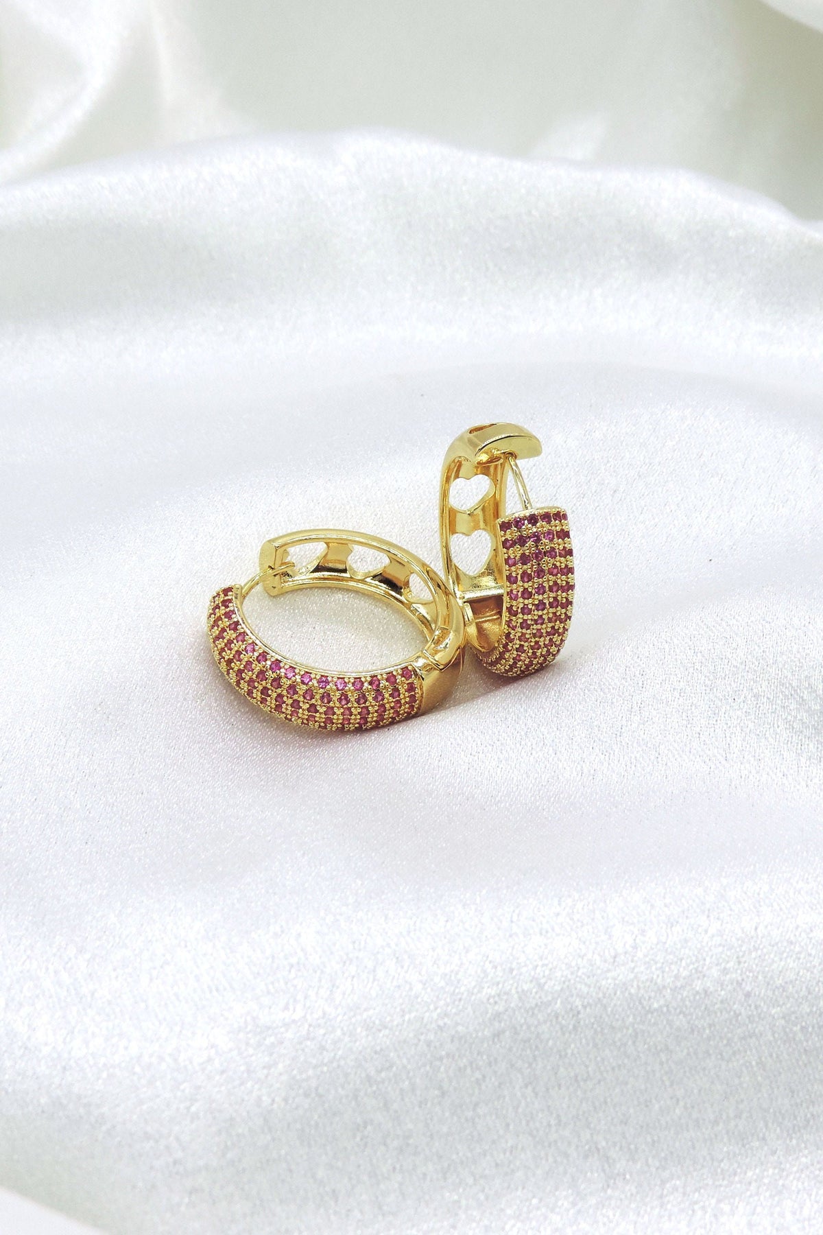 Pink CZ heart hoop earrings in gold tone