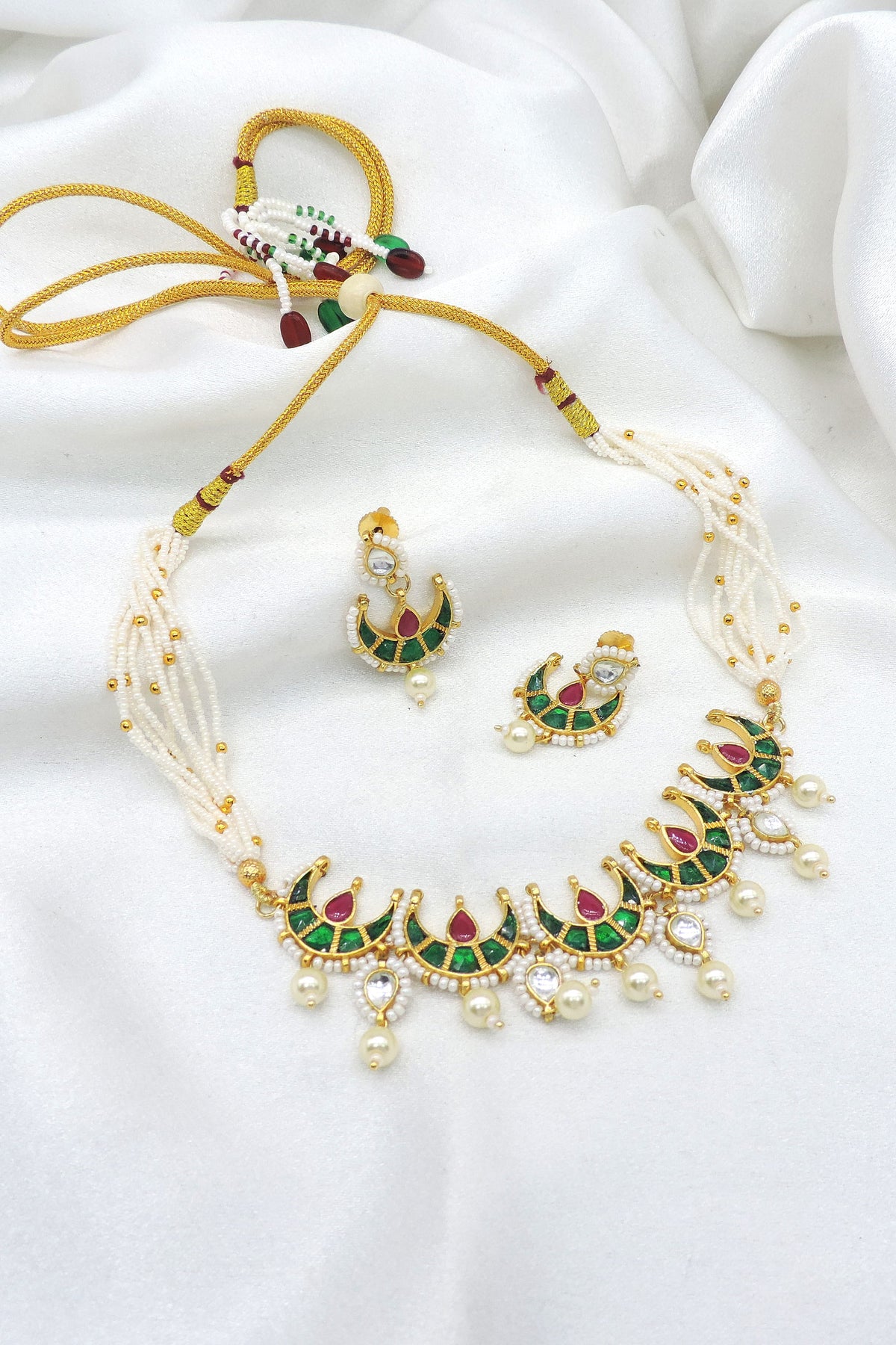 Green Kundan Crescent Pearl Choker Set