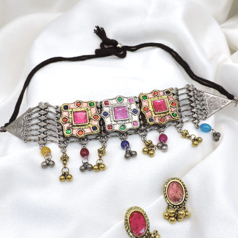 Navratri special oxidized multicolor stone choker set with matching earrings by joyrias