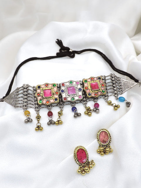 Navratri special oxidized multicolor stone choker set with matching earrings by joyrias