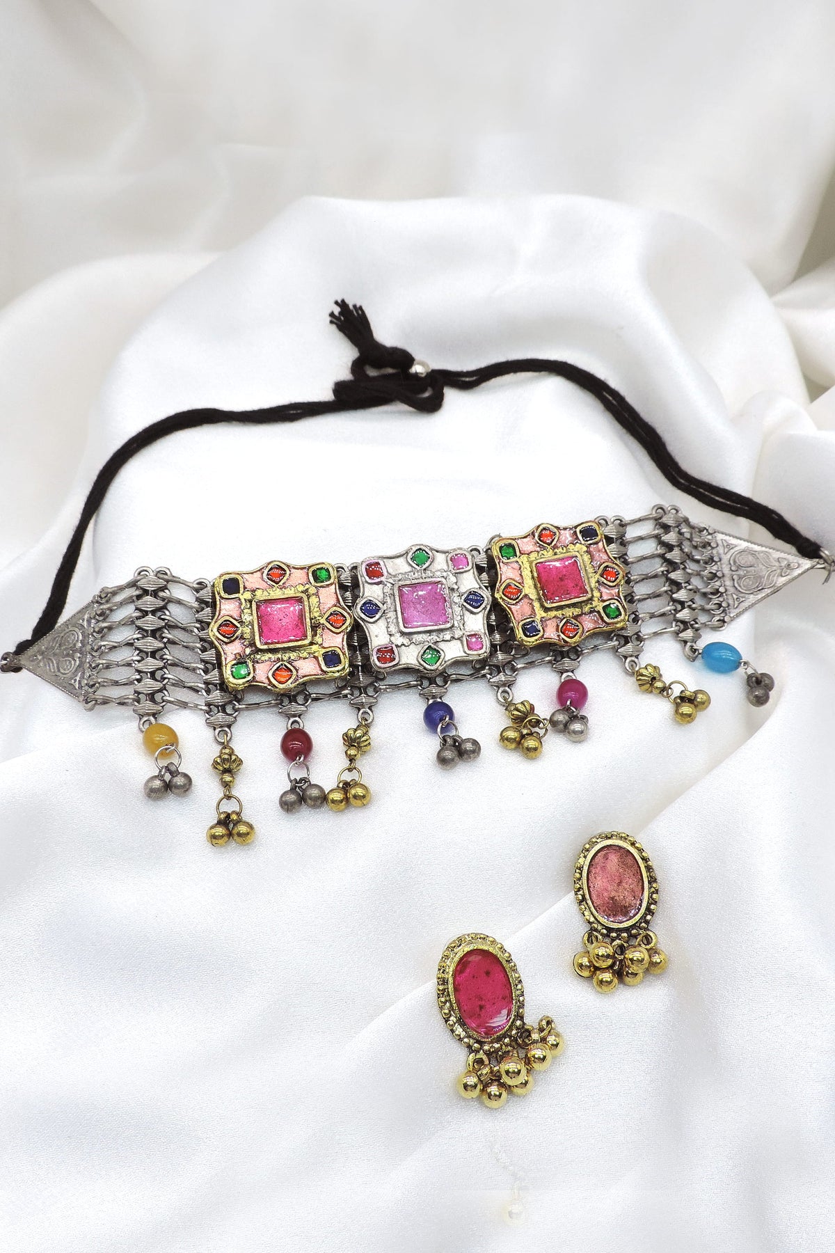 Navratri special oxidized multicolor stone choker set with matching earrings by joyrias