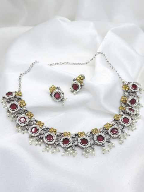 Oxidized Dual-Tone Green Floral Pearl Choker Set