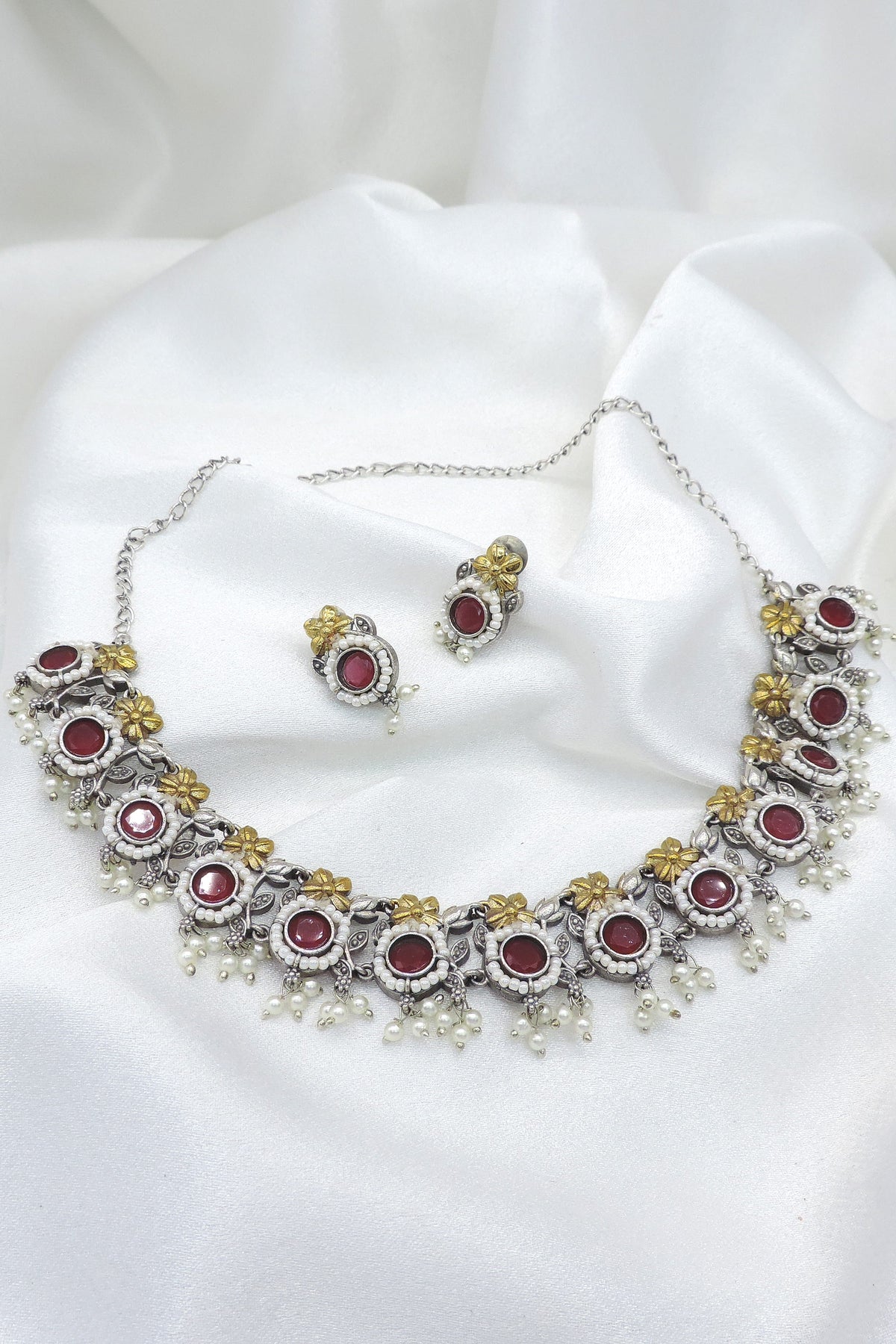 Oxidized Dual-Tone Green Floral Pearl Choker Set