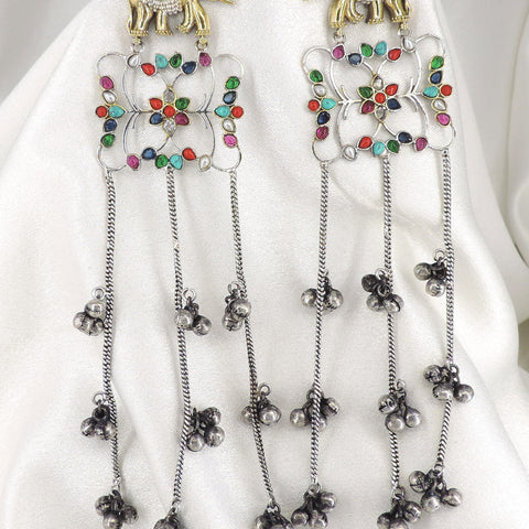 Oxidized elephant multicolor long earrings with colorful stones and ghungroo detailing by joyrias