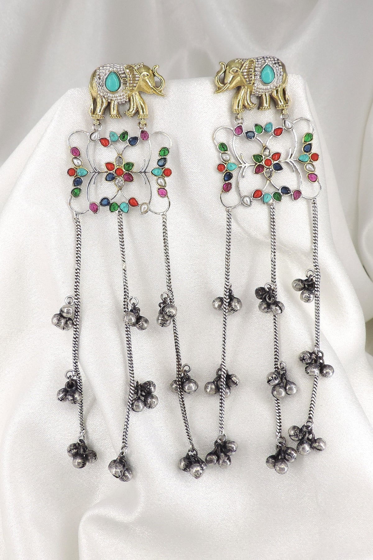 Oxidized elephant multicolor long earrings with colorful stones and ghungroo detailing by joyrias