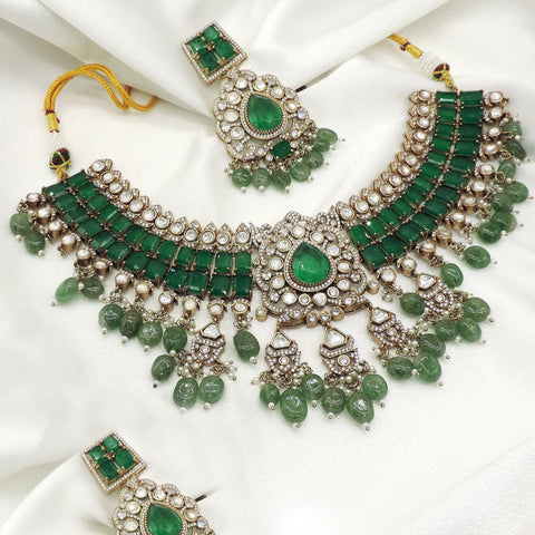 Classic Emerald Kundan Choker Necklace Set with Earrings by Joyrias