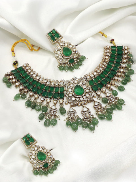 Classic Emerald Kundan Choker Necklace Set with Earrings by Joyrias