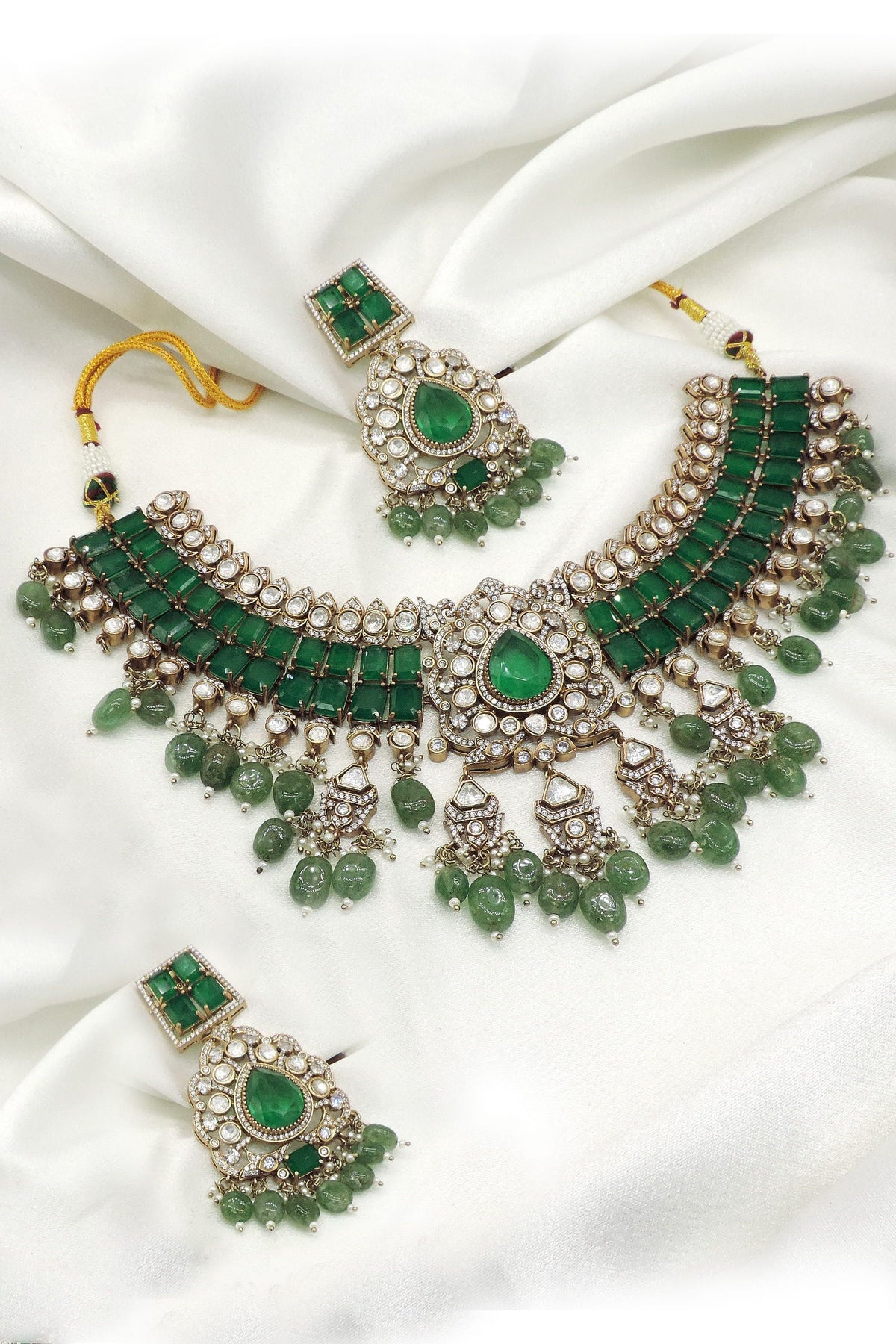 Classic Emerald Kundan Choker Necklace Set with Earrings by Joyrias