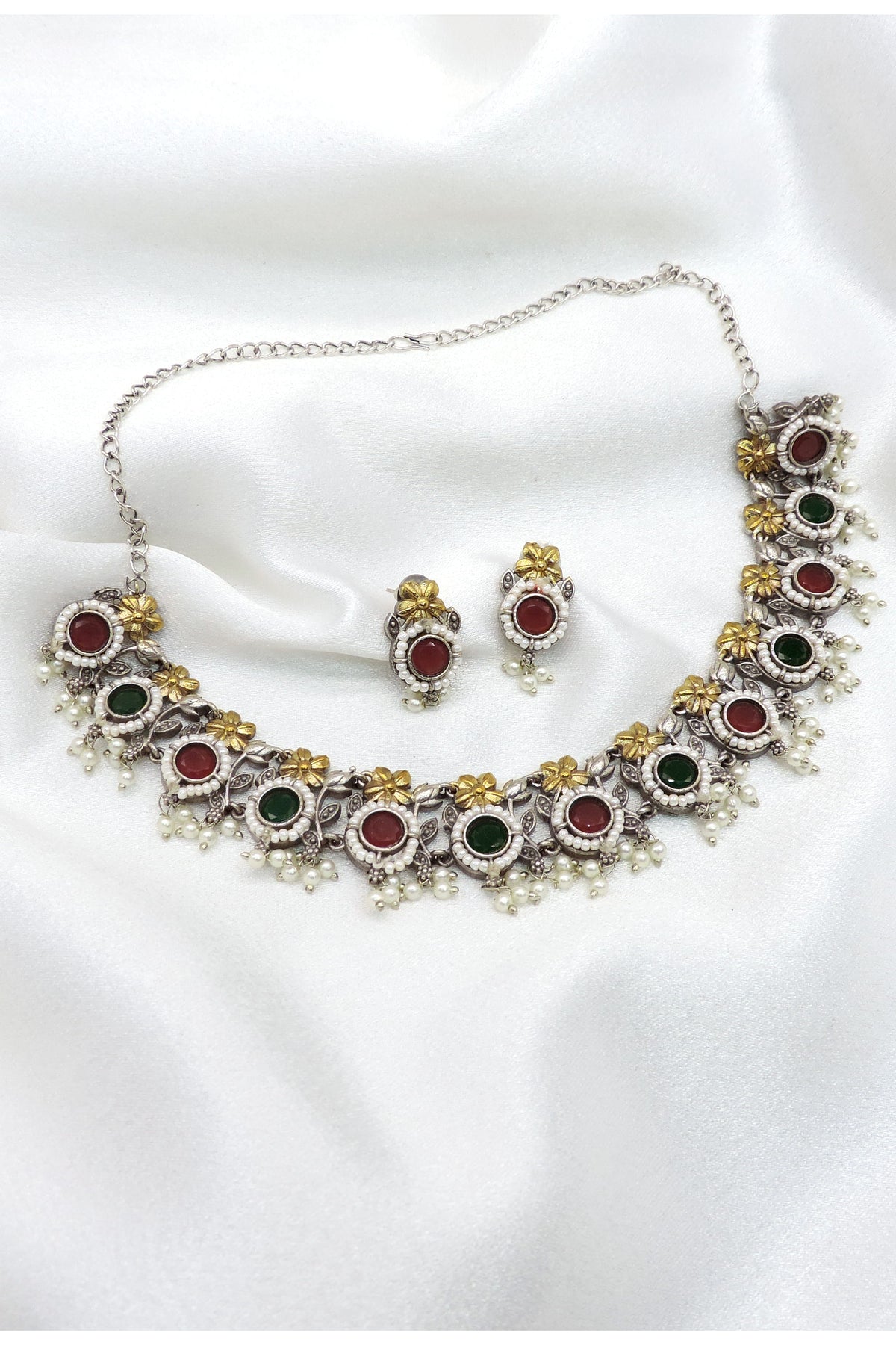Oxidized Dual-Tone Green Floral Pearl Choker Set