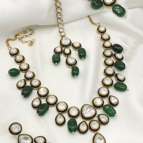 Emerald Green Kundan Necklace Set with Matching Earrings and Maang Tikka in Antique Gold Finish for Bridal and Wedding Wear