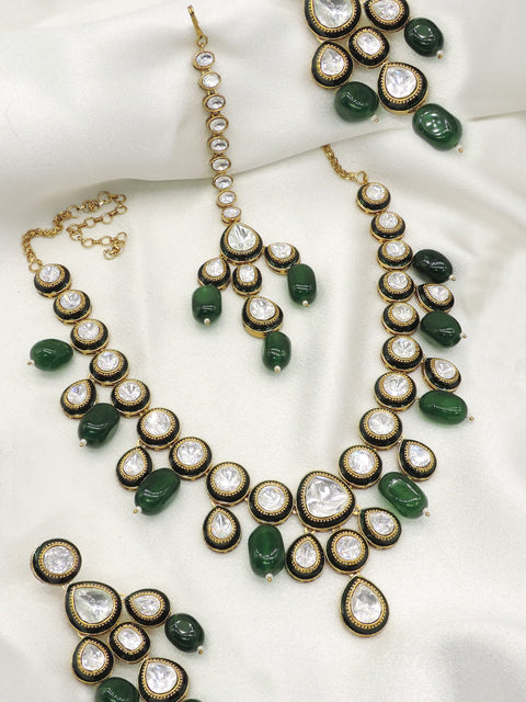 Emerald Green Kundan Necklace Set with Matching Earrings and Maang Tikka in Antique Gold Finish for Bridal and Wedding Wear