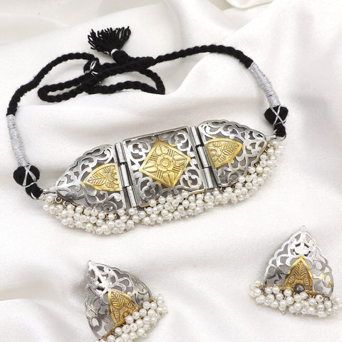 Oxidized dual-tone filigree pearl choker set with geometric detailing and matching earrings by joyrias