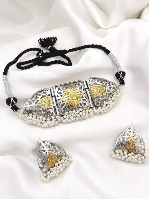 Oxidized dual-tone filigree pearl choker set with geometric detailing and matching earrings by joyrias