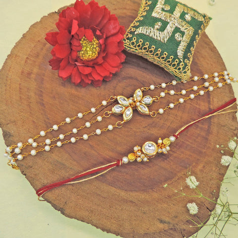Kundan Pearl Bhaiya Bhabhi Rakhi Set by Joyrias