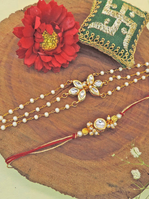 Kundan Pearl Bhaiya Bhabhi Rakhi Set by Joyrias