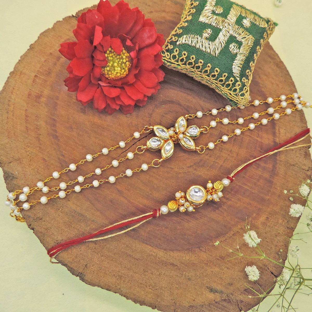 Kundan Pearl Bhaiya Bhabhi Rakhi Set by Joyrias