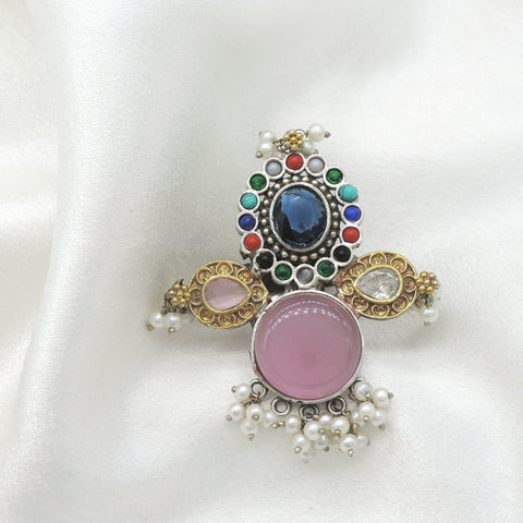 Oxidized blue CZ AD multicolor ring with pearl drops and ornate antique detailing from joyrias