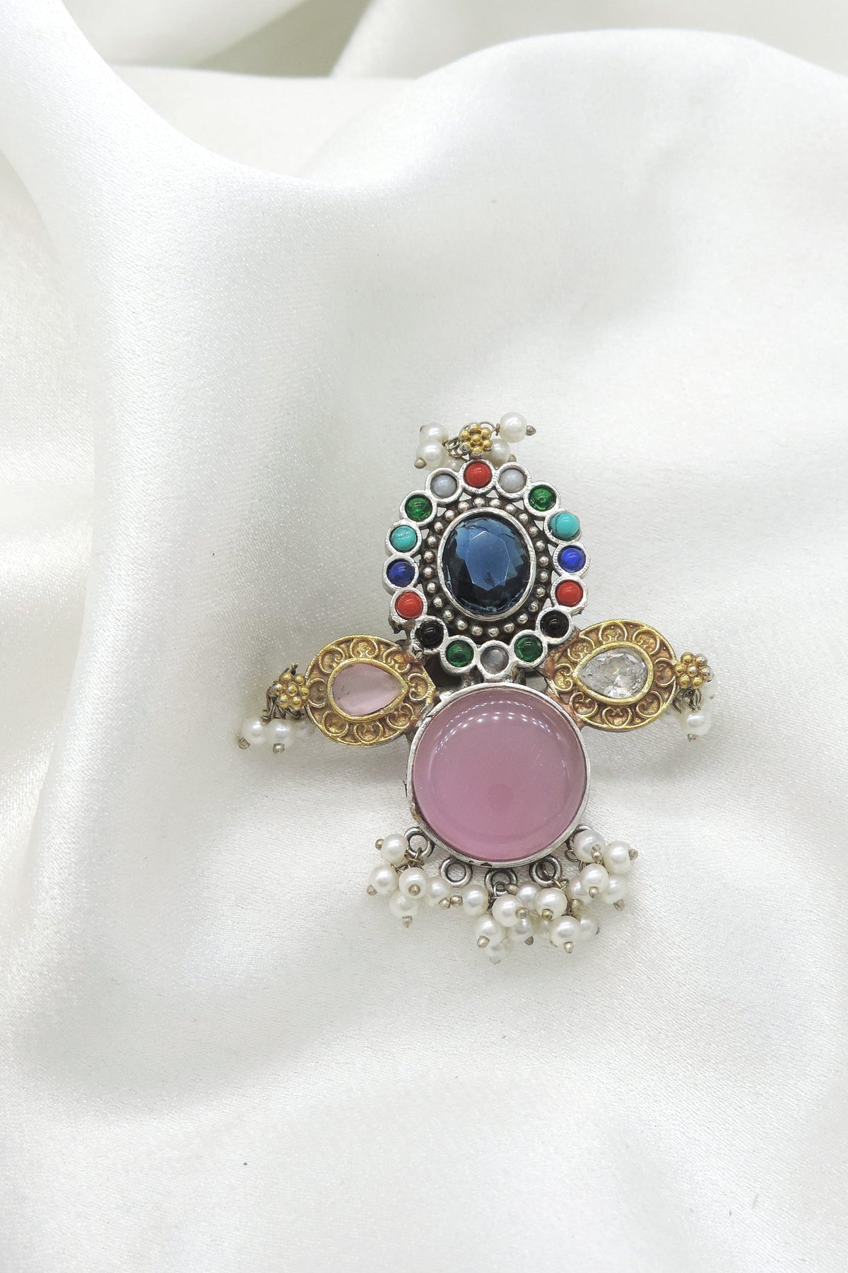 Oxidized blue CZ AD multicolor ring with pearl drops and ornate antique detailing from joyrias